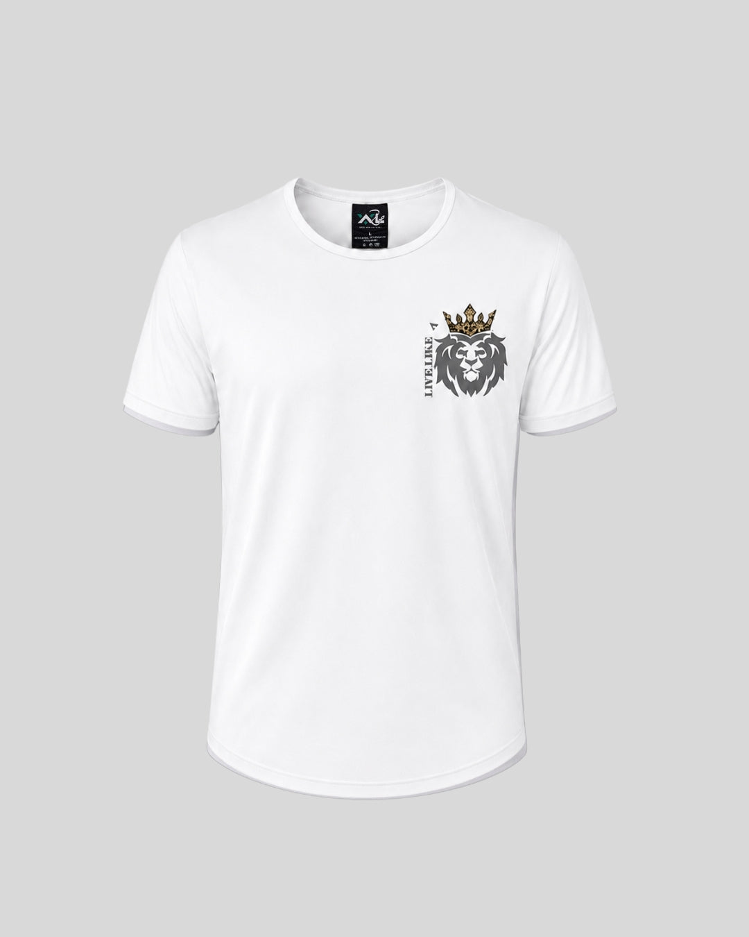 White women’s graphic tee with crew neck, short sleeves, curved hem, and crowned lion chest print.