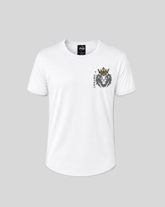 White women’s graphic tee with crew neck, short sleeves, curved hem, and crowned lion chest print.