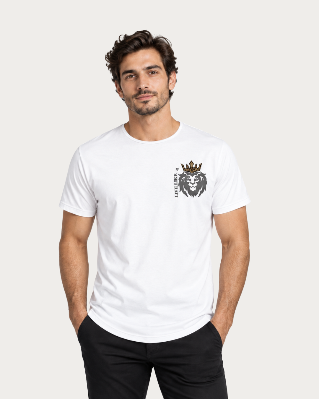 VaslHub Live Like A Lion White Graphic Tee for Men front view